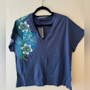 Jim Thompson navy floral v neck tee sz medium NWT